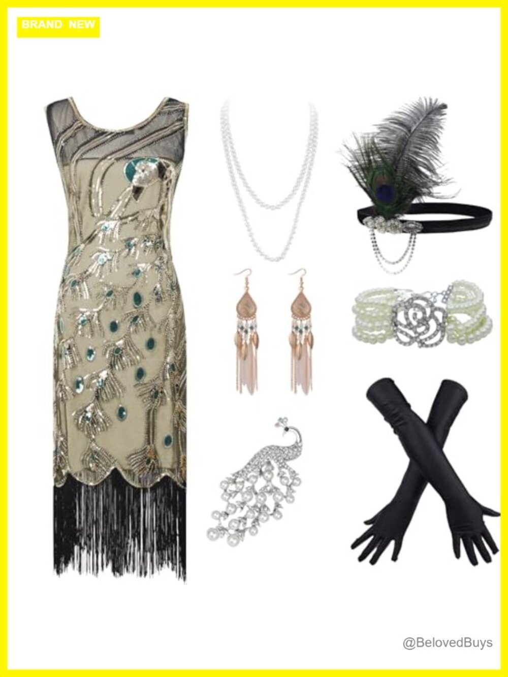 1920s Sequin Fringed Peacock Pattern Flapper Dress Accessory Set